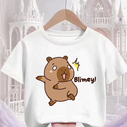 Cute Kawaii Capybara Crew Neck T Shirt Summer 3-14Y Boys Girls Fashion Street Hot Cartoon Casual Children