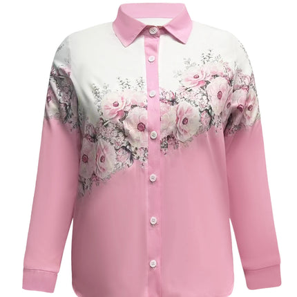 2025 Plus Size European And American Spring And Autumn Aomen's Color-Block Printed Long-Sleeved Lapel Button Shirt