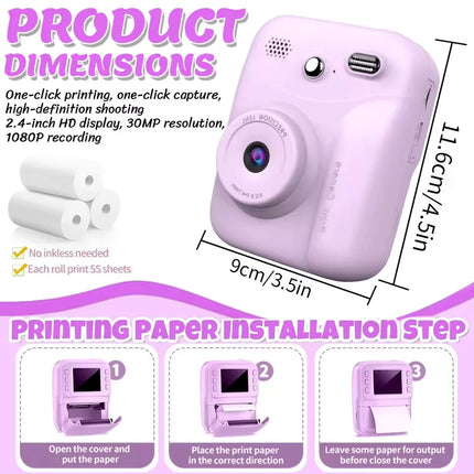 Print Camera Kids Instant Camera 1080P Thermal Print Digital Camera Supports SD Card Print Photo Video Games Music Children Gift