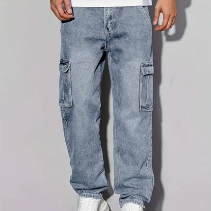Men's American Retro Casual Cargo Jeans, Loose Fit, Solid Color, Fashion Essential