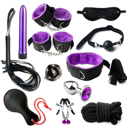 BDSM Adult Sexy Toys For Women Handcuffs Whip Anal Nipple Clamp Blindfold Strap On Vibrator Sex Bondage Set Sexual Couples Kit18