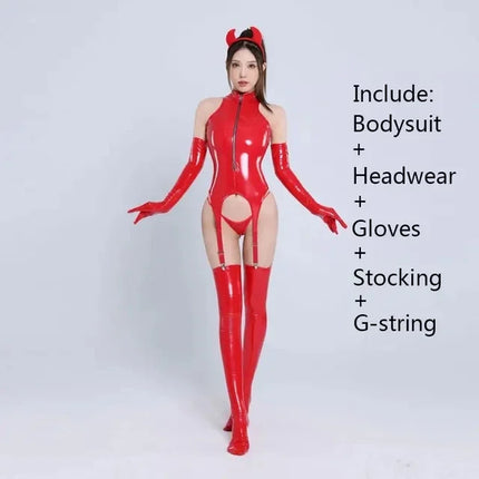 Womens Sexy Erotic Latex Leather Bodysuit Cupless Crotchless Teddy Leather Lingerie Latex Catsuit Fetish Teddies Costume