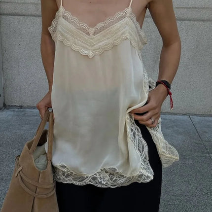 Women Solid Deep-v Satin Camisole Corset Top Elegant Double-strap Fitted Cropped Back-tie 2026 Chic Versatile Date Lady Tops