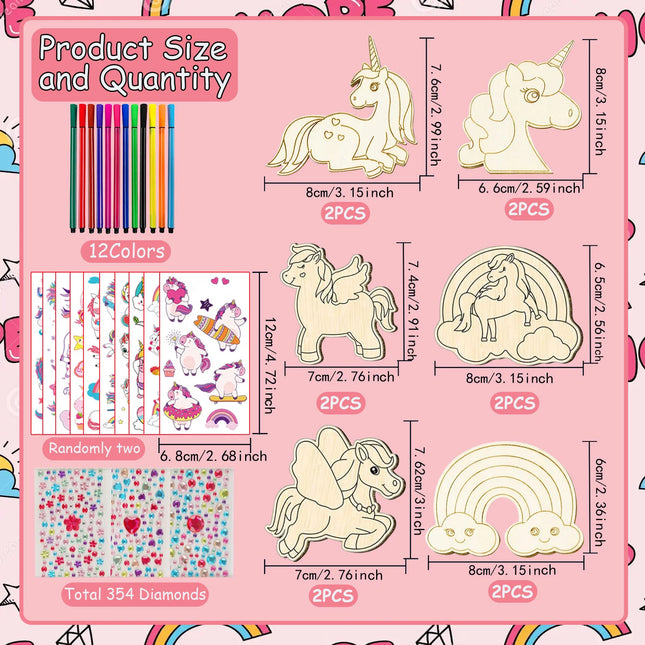 380Pcs Unicorn Wood Craft Set with 12Pcs Unicorn Wood, 354 Rhinestones, 12 Colored Pencils, 2 Stickers, Boys/Girls DIY Crafts
