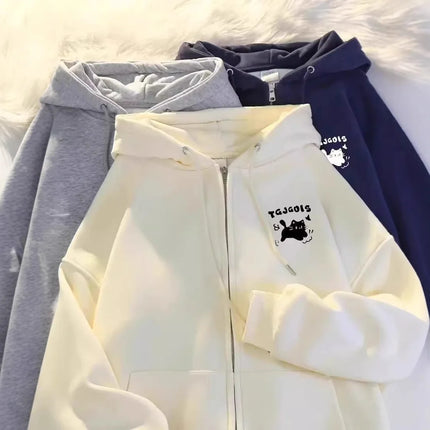 American Style Cat Print Open Cardigan Hoodie Jacket Loose Fit Long Sleeve Polyester Comfortable Casual Commute Style for Women