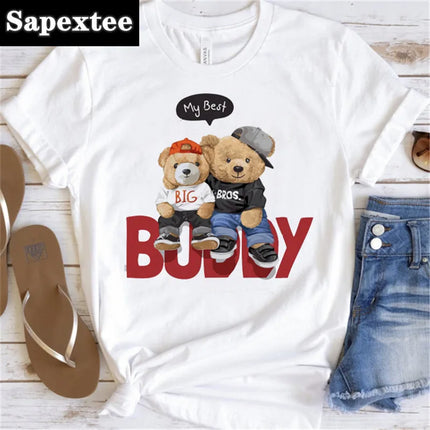 Women's Cute Bear Graphic T-shirt Short-Sleeved Clothes Women's Print T-shirt Summer 90s Fashion Style Women's Fashion T-shirt
