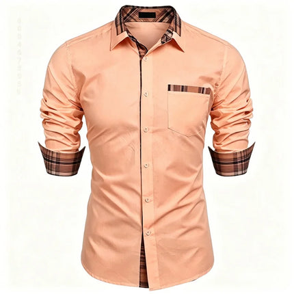 Men's shirt checkered contrasting long sleeved shirt, business casual button up shirt, personalized and trendy men's clothing