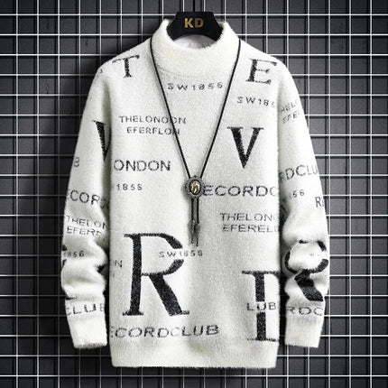 Men's Autumn Winter Fleece Lined Knitted Half High Collar Sweater Letter Pattern Thick Warm Casual Wear for All Seasons