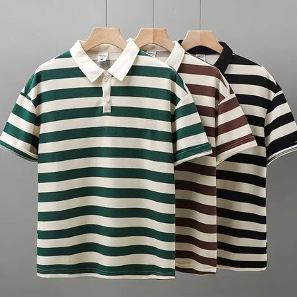 Japanese Sle Striped  irt ort Sve Loose Casual Loose Collar Base irt Heavy T-irt Trendy Brand Breathable