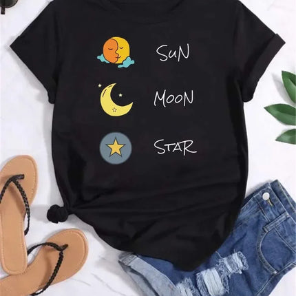 Women Moon Planet Print Fashion Tee Shirts Casual Round Neck Short Sleeve Streetwear Female T-Shirt Vintage Tops
