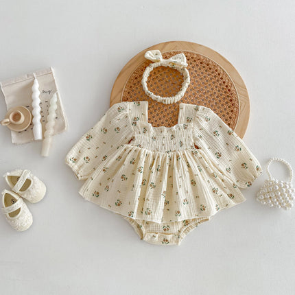 INS style Baby's Autumn Jumpsuit Baby Girl's Princess Hare  Small Floral Dress Western style Sweet with Headband Dress