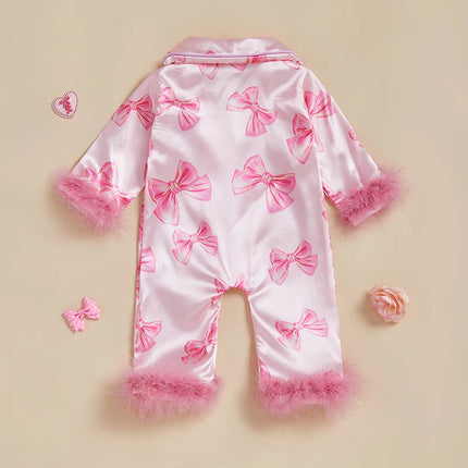 Baby Girls Pajamas Long Sleeve Bow Print Furry Patchwork Button Closure Jumpsuit Sleepwear Loungewear