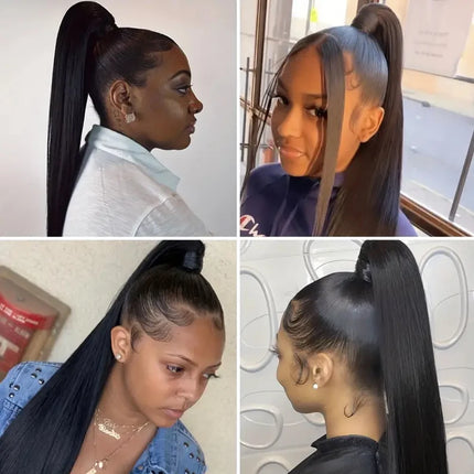 Straight Ponytail Extension Human Hair Clip in Pony Tail Hair Extensions Remy Natural Black Human Hair Ponytail Extensions