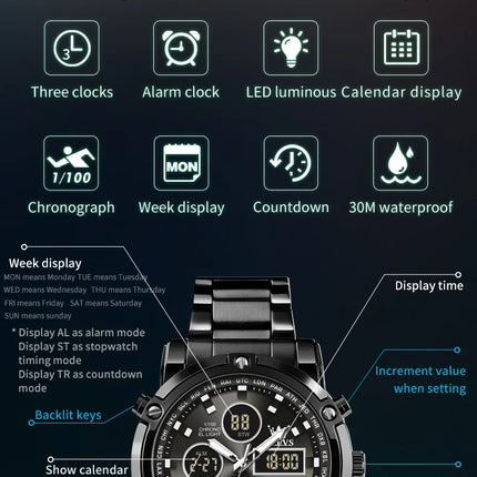 OLEVS 2024 New Mens Watches Top Brand Luxury Sport Digital Quartz Wristwatch For Men All Steel Military Waterproof Clock+Box