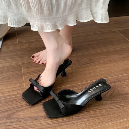 Designer Women Square Toe High Heel Slippers Fashion Butterfly-knot Dress Shoes Summer Stripper Mules Slides Zapatos De Mujer