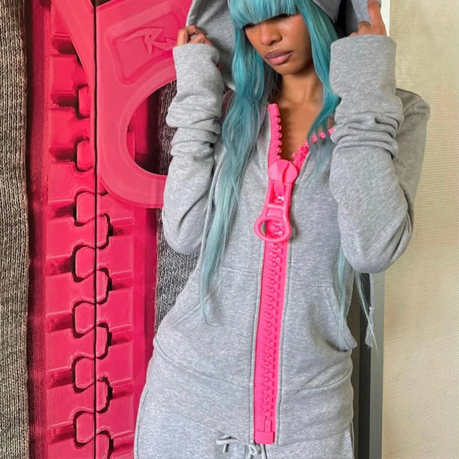 spicy girls chic zipper hooded sweatshirt high street trendy retro fashion versatile zipper sweatshirt American style millennium