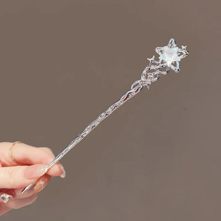 Luminous Flower Hairpin for Women, Creative Star and Moon Tassel Hair Stick, Retro Chinese Style Metal Hair Accessory