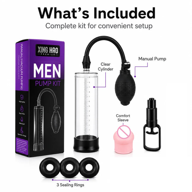 Adult Male Vacuum Pump Kit, Manual Enlargement Trainer with Clear Cylinder, Comfort Rings, Hose and Accessories for Performance
