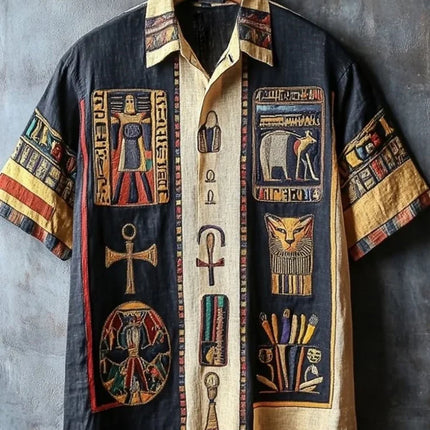 Outdoor Streetwear Men's Fashion Shirts Retro-style Ancient Egyptian Printed Men's Shirts Casual Daily Men's Short-sleeved Shirt