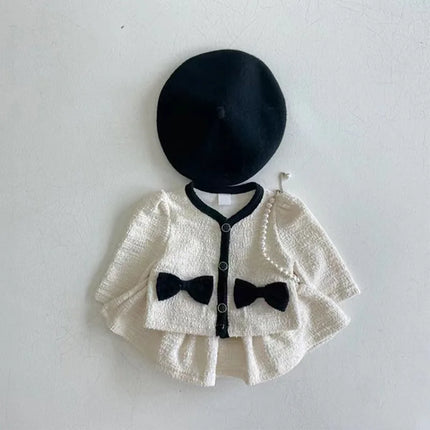 Autumn Fashion Girl Children Bow Long Sleeves Shirt Set Baby Sweet Cotton Tops + Solid Skirt 2pcs Kid Infant Casual Blouses Suit