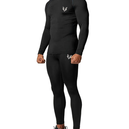 Men’s 2-Piece Long Sleeve Set – Fitted Raglan Top & Pants, White Deer Head Print for Gym & Training