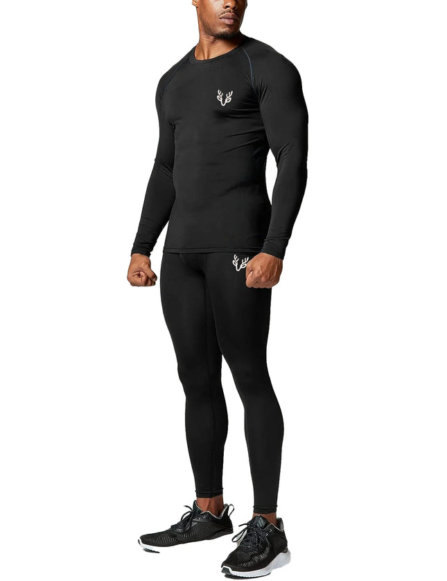 Men’s 2-Piece Long Sleeve Set – Fitted Raglan Top & Pants, White Deer Head Print for Gym & Training