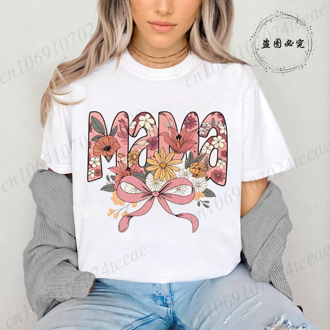 Floral Coquette T-Shirt,Pink Bow Tee Floral Mama T-Shirt for Women Vintage Retro Mama Shirt Wildflowers Mama Women's Clothing