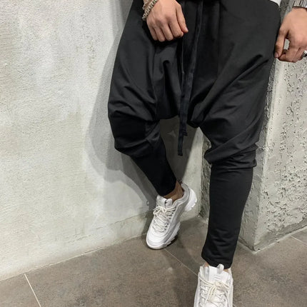 Men's Black Dropped Crotch Harem Pants Streetwear Hip Hop Drawstring Casual Trousers Slim Fit Elastic Ankle Joggers Black