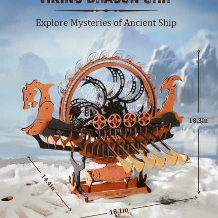 ROKR Wooden 3D Puzzle Viking Dragon Ship Mechanical Model Building Kit for Home Decor 229-Piece Puzzle Toy with LED Light for Bookshelf Decor Gift for Adults Kids