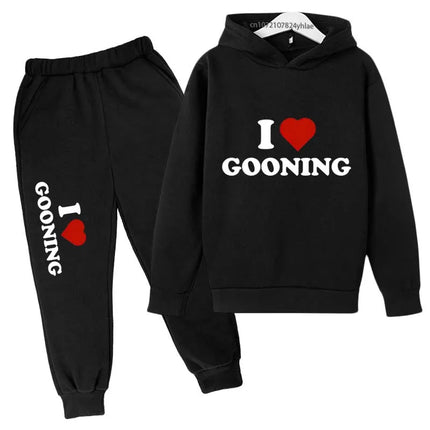 Funny I Love Gooning Kids Spring Autumn Casual Letter Print 2pcs Hoodie+Pants Tracksuits 2-13 Years Boys Girls Outfits Clothes