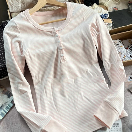 Pink Striped Slim Long Sleeve Tees Women Spring Casual Cotton O-neck Tshirt New Tops Clothes Sweet Cute  Vintage T-shirts Y2K