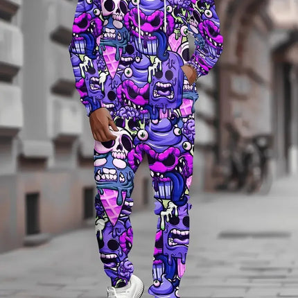 The new men's hoodie set for Spring and Autumn 2025 features a casual fashionable and comfortable 3D graffiti pattern print
