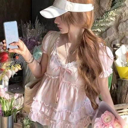 Summer 2026 New France Pink Floral Bubble Off-the-shoulder Two Lotus Leaf Doll Collar T-shirts Women Kawaii Sweet Cute Tees