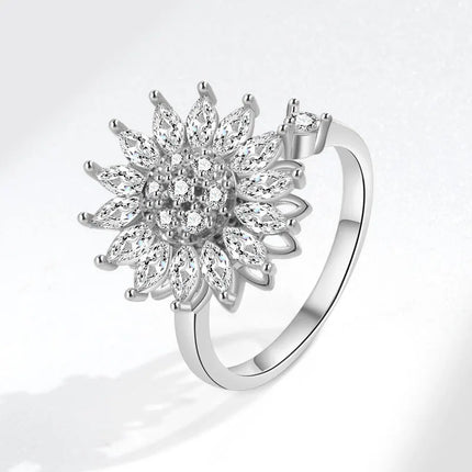 VENTFILLE 925 Sterling Silver Sunflower Diamond Zircon Rotatable Ring For Women Gift Relieve Stress Ring Jewelry Wholesale