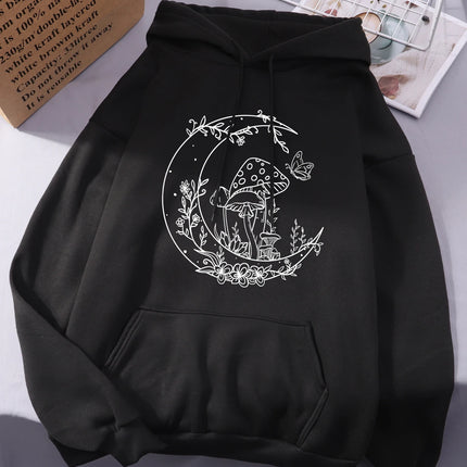 Mushroom Butterfly Moon Flower Prints Women Hoodies Autumn Pocket Streetwear Loose Casual Pullover Comfortable Fleece Hoody