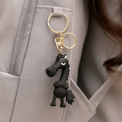 Funny Cartoon Horse Keychain Cold-Hearted Simulation Black Horse Bag Ornament Decorative Hanging Car Pendant Car