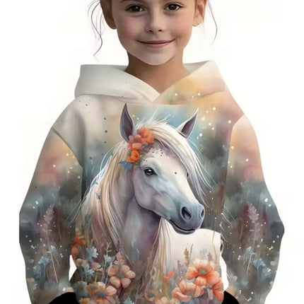 Cool Horse Girl Clothes Animals 3D Print Autumn Long Sleeve Hoodies Loose Lightweight Sweatshirt Comfortable Children's Clothing