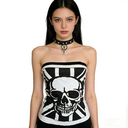 American Street Hottie Vests Harajuku Aesthetic Skull Print Strapless Vest Ladies Punk Slim Tanks Vintage Gothic Sexy Tops