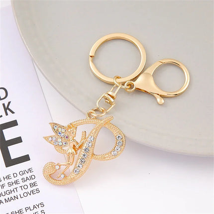 A-Z Rhinestone Elf Girl Letter Keychain Gold Color Initial Name Keyrings Girls Car Key Holder Handbag Purse Charms Decoration