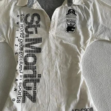Y2K Japanese Streetwear Polo Shirt Women Slim Crop Tee 2025 White Short Sleeve Tops Letter Badge Houndstooth Vintage Harajuku
