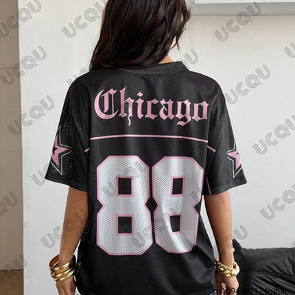 Summer New Chicago No.88 Print T Shirt For Women V-Neck Patchwork Short Sleeve Sports Football Jersey Y2K Loose Oversized Tops