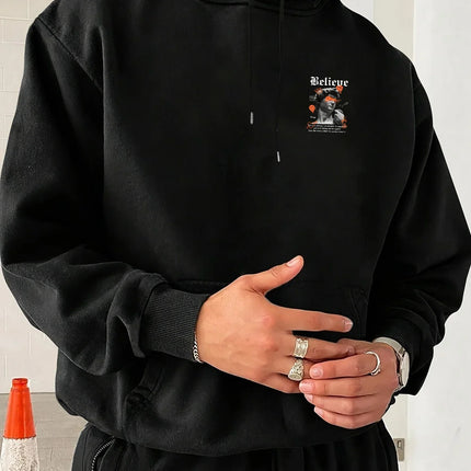Unisex Street Pullover Hoodie Front Back Dual Print David Statue Graffiti Smiley Text Graphic 2026 Spring Clean Fit Y2K Viral