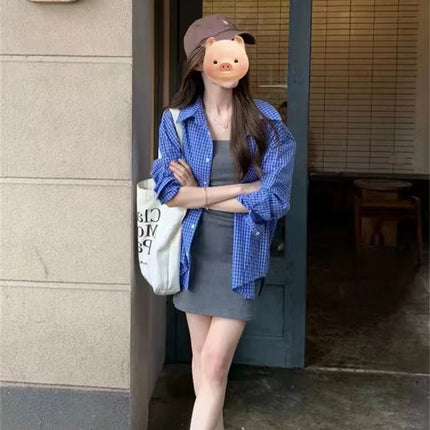 Blue Plaid Casual Sle Women's irt Jaet Loose Fit Autumn Outerwear Open Cardigan Top Seasonal Collection  Collar