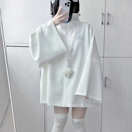 Japanese Casual Solid Hoodies Women Loose Y2k Aesthetic Oversized Embroidery Coats Harajuku Zipper Grunge Sweatshirts