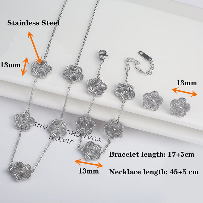 Simple 316L Stainless Steel Flower Five Leaf Necklace Bracelet Earrings 18K Gold Plated Jewelry Set For Women Girl Gift Clover