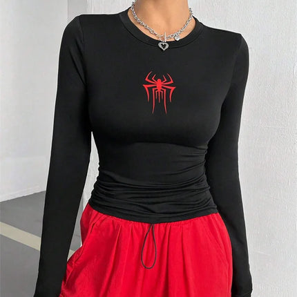 Women Spider Print Round Neck Long Sleeve Crop Tee Top Autumn Winter Spring Y2K Clothes Slim fit T-shirt