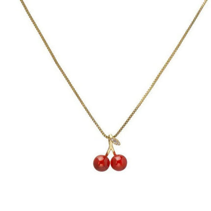 Sweet Red Cherry Pendant Necklace Dangle Stud Earrings Jewelry Set Shiny Gold Chain Zircon Women Trendy Jewelry