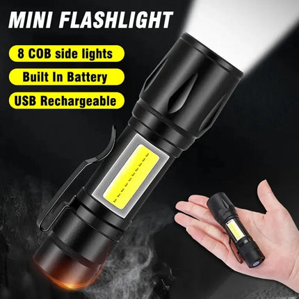 Powerful Mini LED Flashlight COB LED Zoom Torch Built In Battery USB Rechargeable Light Outdoor Portable Camping Emergency Lamp
