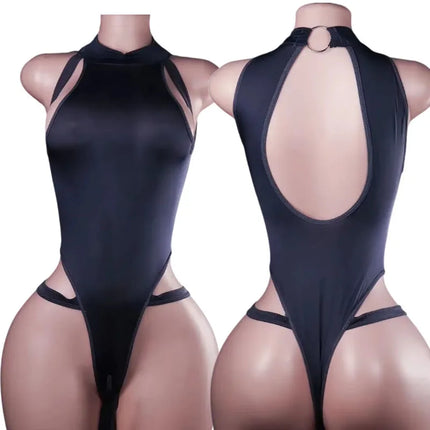 Erotic Open Bra Lingerie Crotchless Underwear Sexy Costume Deep V Open Hollow Bodysuit Hanging Neck Baby Doll Dress Cosplay Set