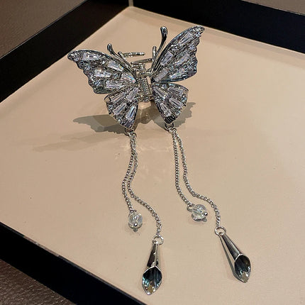 Shiny Rhinestones Butterfly Hair Claw Clips for Women Girl Vintage Long Chain Tassel Claw Clip New Chinese Style Accessories M1